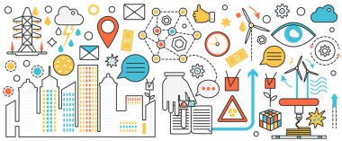 Büyük şehir için elektrik üretimi, yenilik teknolojisi, şehir manzarası ve yel değirmeni