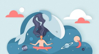 Sakin ol, zen rahatlama, ezoterik konsantrasyon ve ruhsal denge, kadın meditasyonu.