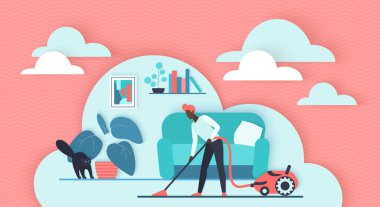 Cleaning service, tiny man housekeeping, character working with vacuum cleaner to clean