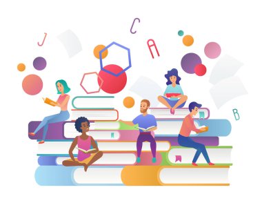 Reading lovers with huge stack of books