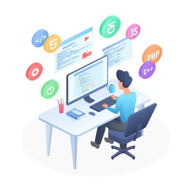 Software engineer developer coding computer program. Programming framework languages algorithms clipart svg vector 