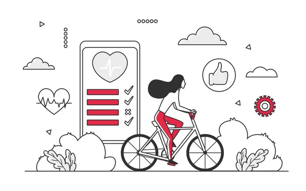 Mujer deportiva en bicicleta con aplicación de fitness — Vector de stock