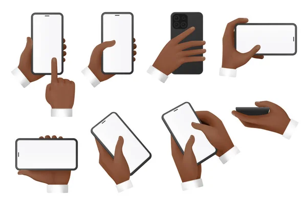 3d hands of businessman use mobile phone with empty screen set, arms hold smartphones — Image vectorielle