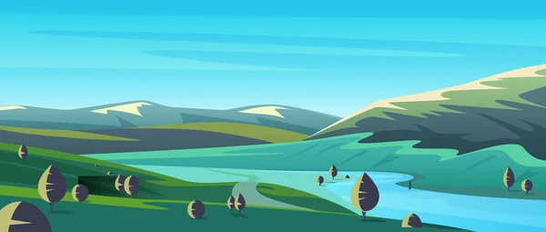 River green landscape with mountains and hill, country road and silhouettes of trees — Vector de stock