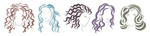 Kadın saçı seti, kıvırcık saçlı şık kadın kafalarının taslak portreleri. — Stok Vektör