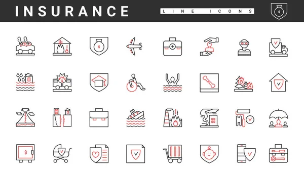 Insurance service to protect health, life and property thin red and black line icons set — Stockvector