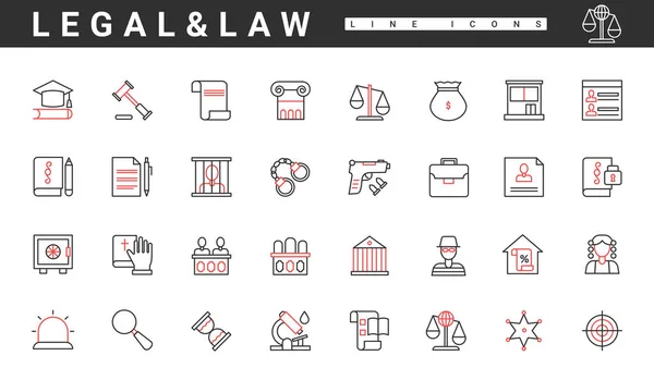 Law, judgment and justice, legal judicial documents, thin red and black line icons set — Wektor stockowy