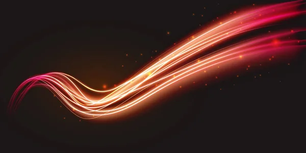 Luminous neon shape wave, abstract light effect vector illustration. Wavy glowing bright flowing curve lines, magic glow energy stream motion with particle isolated on dark black background. — Stok Vektör