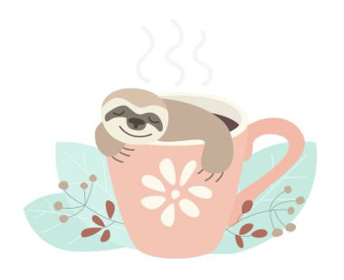 Cute lazy sloth sleeping in coffee cup, nap time and relax of happy sleepy animal