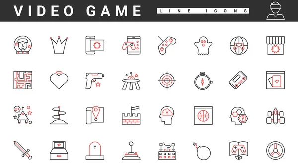 Videospiel, Freizeit und Unterhaltung, tragbare Geräte dünne rote und schwarze Linie Symbole gesetzt — Stockvektor