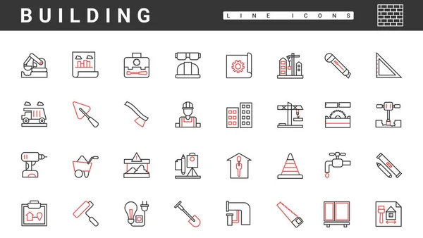Building construction and repair, thin red black line icons set, equipment and machines — Stockvektor
