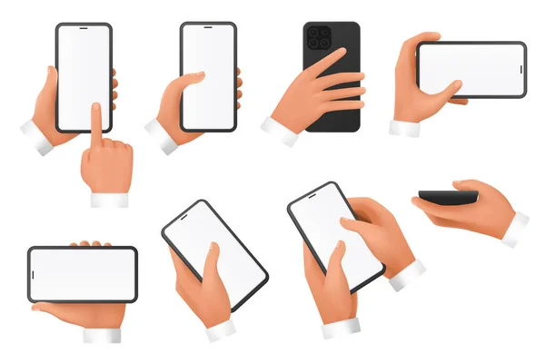 3D-Hände des Geschäftsmannes halten Mobiltelefon mit leerem leeren Bildschirm, verwenden Sie Smartphones — Stockvektor