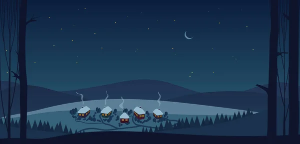 Pueblo de Navidad por la noche, frío nevado escena de invierno con árboles, casas y cabañas — Vector de stock