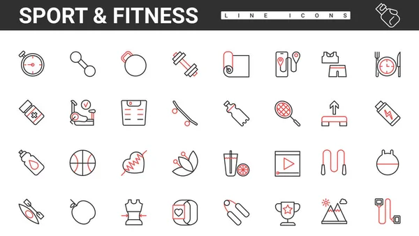 Fitness gym utrustning för sport motion och nutrition tunn röd och svart linje ikoner set — Stock vektor
