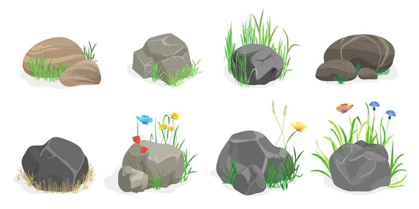 Piedras, rocas y cantos rodados, montón de escombros, grava y grandes bloques con hierba, hierbas — Vector de stock