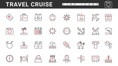 Deniz gezisi, yaz gezileri, tatil ve seyahat ince kırmızı ve siyah çizgi simgeleri