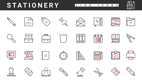 Офісні та шкільні канцелярські товари, приладдя для навчання тонкі червоні та чорні лінії набір іконок — стоковий вектор