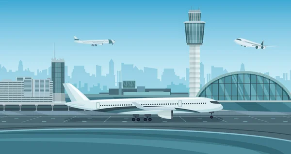 Monochrom einfarbig Flughafenflugzeug Terminal Landschaft. Flughafenterminal mit startendem Flugzeug. — Stockvektor