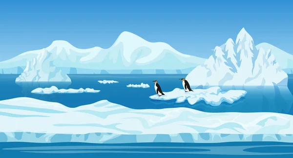 Desenhos animados gelo ártico natureza inverno paisagem com iceberg, montanhas de neve colinas e pinguins —  Vetores de Stock
