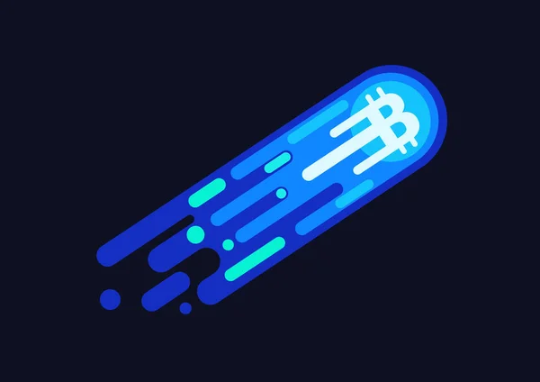 Bitcoin azul neon símbolo cometa voando no espaço aberto —  Vetores de Stock