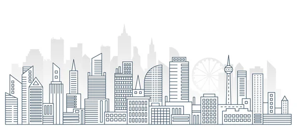 Panorama městská moderní městská krajina s vysokými mrakodrapy, tenká linie města plochá krajina. — Stockový vektor