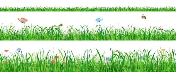 Коллекция зеленых свежих карикатур на траву с цветами, бабочками и пчелами — стоковый вектор