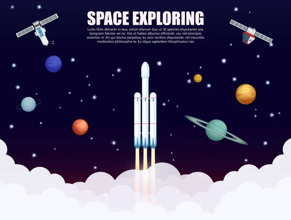 Galaxis űrhajó rakétakilövés feltárása és kutatás reális műholdas és bolygók koncepció. Vállalkozásindítás. Rakéta űrgalaxis bolygó. — Stock Vector