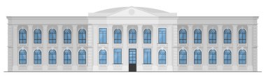 Belediye binası vektör illüstrasyonu. Üniversite kampüsü, okul kütüphanesi ya da kolej, banka ya da müze için karikatür mermer sarayı adliye binası beyazları izole etti. Şehir mimarisi kavramı