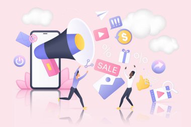 Sosyal medyada dijital pazarlamanın hedef stratejisi. Cep telefonu olan küçük insanlar ve megafon düz vektör illüstrasyonundan akan yaratıcı bilgi ürünleri. Çevrimiçi servis, ekommerce kavramı