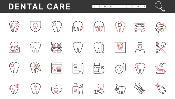 Cuidados Dentários Ícones Linha Fina Vermelha Preta Definir Ilustração Vetorial — Vetor de Stock