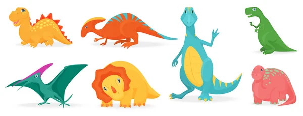 Lindos Personajes Dinosaurios Establecen Ilustración Vectorial Colección Dibujos Animados Colorido — Vector de stock