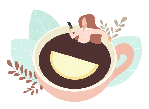 Girl Swimming Giant Cup Tea Lemon Cartoon Woman Holding Mobile — Stock Vector