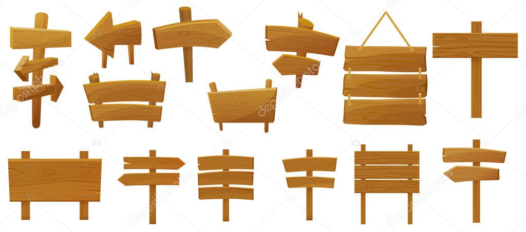 Wooden sign boards set vector illustration. Cartoon billboard post from wood timber planks hanging on wall, blank pointers on road, rustic old signpost isolated white. Direction, game concept