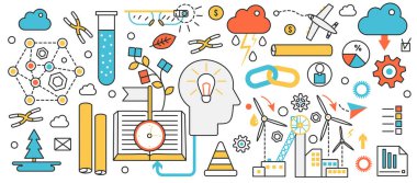 Modern iş teknolojisi. Parlak ampullü soyut insan kafası, bilim, eğitim için yaratıcı fikirler ve bilgi konsepti afişinde sürdürülebilir enerji gelişimi, ince çizgi sanat tasarımı