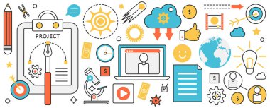 Başarı planı ve proje yönetimi. Yeni yaratıcı fikir ve girişim yaratmak için soyut iş araştırmaları ve şirket takım çalışması, bilgi konsepti pankartıyla strateji geliştirme, ince çizgi sanat tasarımı