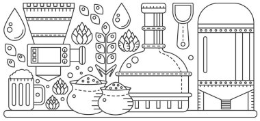 Bira üretim ekipmanları, malt malzemeleri ve köpük ve alkol ince çizgi bilgi vektörü illüstrasyonlu Ekim Festivali cam bardağı. mayalanma ve depolama tankları için fabrika rezervuarı