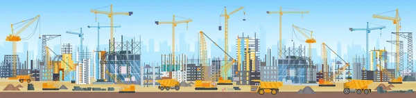 Building Process City Construction Site Materials Equipment Cranes Silhouettes Unfinished — Stockvektor