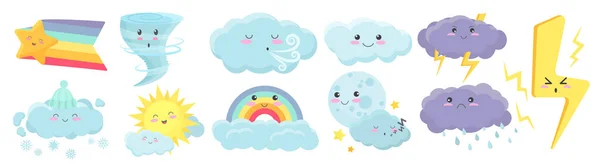 Nette Wetterelemente Baby Meteorologie Setzte Vektorillustration Karikatur Kawaii Regen Wolke — Stockvektor