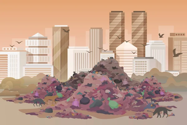 City Dump Wasteland Vector Illustration Cartoon Polluted Urban Skyline Landfill — 스톡 벡터