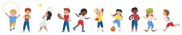 漫画のスポーティな男の子の女の子の子供の文字は マラソン ローラースケートやスケートボード ジャンプロープを実行し 孤立したサッカーテニス野球ゲームをプレイ 幸せな子供たちはスポーツ演習ベクトルイラストを行う — ストックベクタ