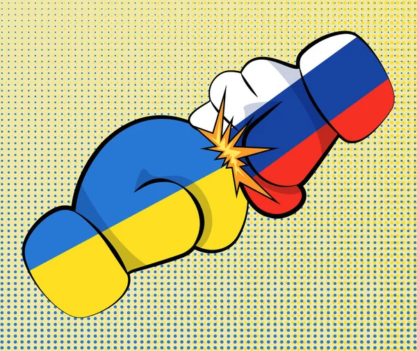 Mãos Luvas Boxe Com Bandeiras Ucranianas Russas Colidem Soco Luta —  Vetores de Stock