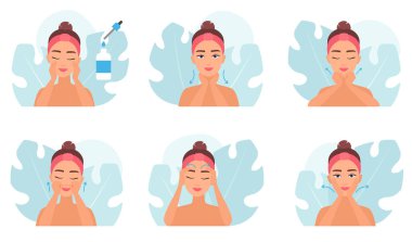 Yüz bakımı, masaj adımları vektör çizimi. Yüzü serumla ıslatan, masaj çizgileri boyunca dokunan ve masaj yapan genç bir kadın. Komut kavramı