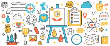 İş hedefi belirleme, strateji ve başarı. Çalışmalardaki başarının soyut tutarlılığı, günlük verimlilik ve zaman yönetimi, bilgi konsepti afişine yapılan mali yatırım, ince çizgi sanat tasarımı