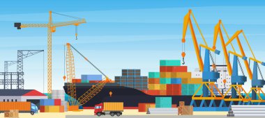 Cargo ship logistics in seaport vector illustration. Cartoon crane equipment loading and unloading containers with goods from shipyard of tanker or barge transport background. Export, import concept