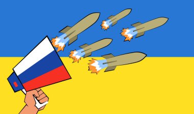 Hand holding megaphone with Russian flag and flying missile rocket. Attack of hatred, disinformation and violence on flag of Ukraine from agitator flat vector illustration. Fake war news concept