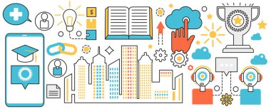 Smart city technology. Modern urban abstract landscape with skyscrapers, digital mobile education, data cloud connection, network communication in infographic concept banner, thin line art design