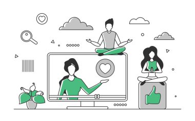 Practice body and mind on online yoga class. Meditation lotus pose with harmony balance vector monocolor illustration