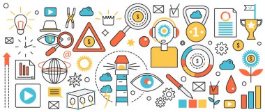 New challenges and business achievement. Abstract magnifying glass for goals search, money growth and support, bright light bulb creative idea in infographic concept banner, thin line art design