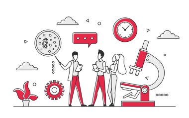 Biotechnology research and laboratory science experiments. Microscope analyzing living organisms vector monocolor illustration