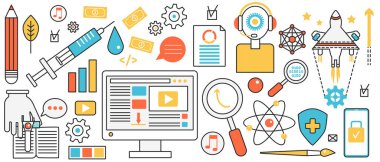 Bilim girişimi yatırımı. Yazılım ve donanım ile dijital verilerin soyut roket fırlatması, geliştirilmesi ve analizi, bilgi konsepti afişi içinde arama çözümü ve desteği, ince çizgi sanat tasarımı